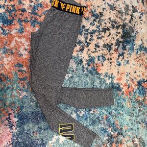 PINK Victoria's Secret Heather Gray Leggings with Yellow Logo Waistband